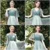 Chic / Beautiful Mint Green Bridesmaid Dresses 2021 A-Line / Princess Scoop Neck Short Sleeve Backless Sash Tea-length Wedding Party Dresses
