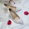 Mode Weiß Hochzeit Brautjungfer Pumps 2020 Leder Satin Applikationen Perle 8 cm Stilettos Spitzschuh Brautschuhe
