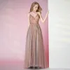 Charming Blushing Pink Prom Dresses 2020 A-Line / Princess Spaghetti Straps Beading Crystal Pearl Sequins Sleeveless Backless Split Front Floor-Length / Long Formal Dresses
