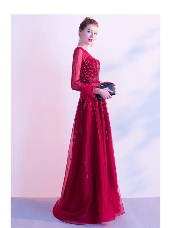 High-end Red Evening Dresses  2020 A-Line / Princess Scoop Neck Beading Crystal Sequins Sash Long Sleeve Floor-Length / Long Formal Dresses