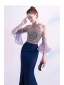 Haut de Gamme Bleu Marine Robe De Soirée 2020 Trompette / Sirène Encolure Dégagée Perlage Cristal Paillettes Manches Courtes Train De Balayage Robe De Ceremonie
