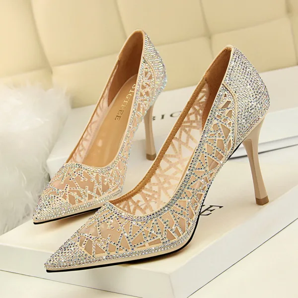 Charmant Doré Soirée Escarpins 2019 Faux Diamant 9 cm Talons Aiguilles À Bout Pointu Escarpins
