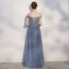 Chic / Beautiful Ocean Blue Prom Dresses 2018 A-Line / Princess Backless Beading Crystal Off-The-Shoulder Sleeveless Floor-Length / Long Formal Dresses