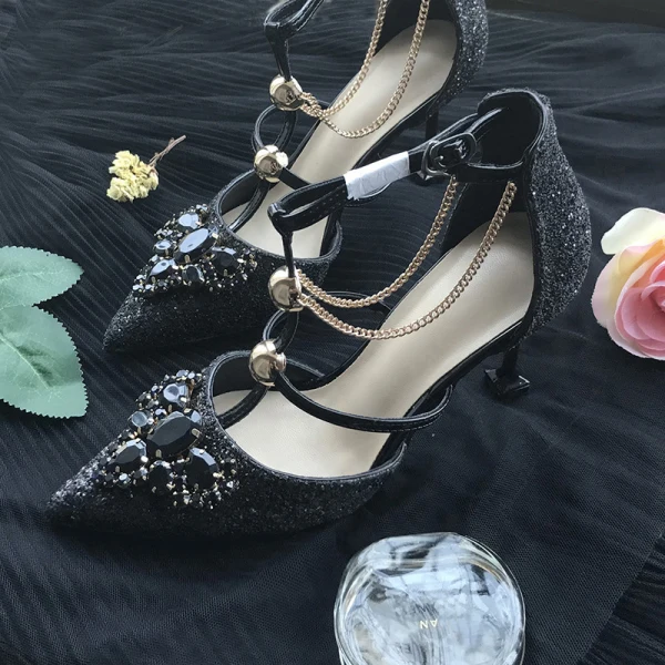 Scintillantes Argenté Mariage Demoiselle D'honneur Talons Hauts 2019 T-Strap Faux Diamant Paillettes 8 cm Talons Aiguilles À Bout Pointu Chaussure De Mariée