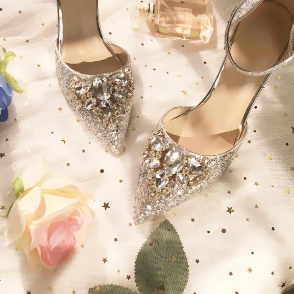 Uroczy Srebrny Na Wesele Ślub Wysokie Obcasy 2019 Z Paskiem Cekiny Rhinestone 8 cm Szpilki Szpiczaste Buty Ślubne