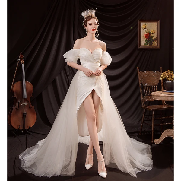 beach wedding dress high low Sheer-Corset Long Beaded Prom Dress with Lace-Up Back Champagne / 6 main image 1