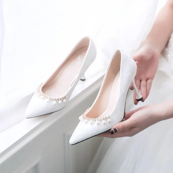 Modern / Fashion Red Wedding Shoes 2020 Lace Rhinestone Pearl 8 cm Stiletto Heels Pointed Toe Wedding Pumps