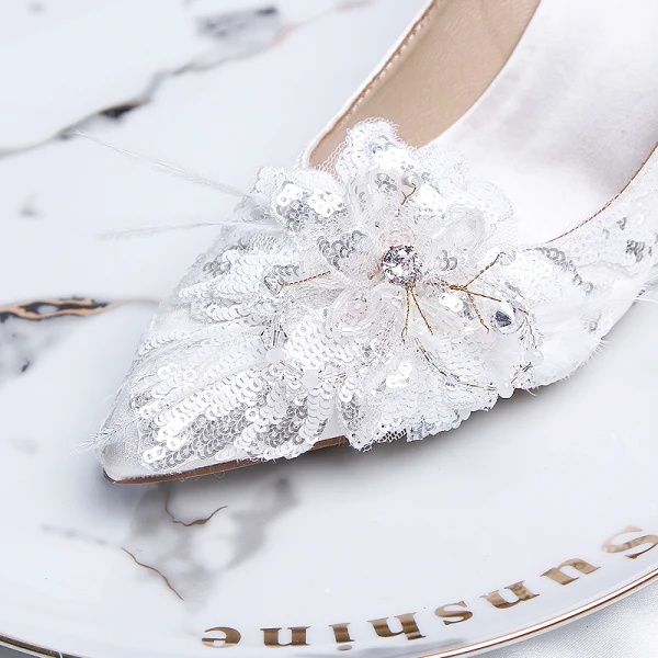 Modern / Fashion White Wedding Shoes 2020 Satin Leather Feather Pearl Sequins 9 cm Stiletto Heels Pointed Toe Wedding Pumps