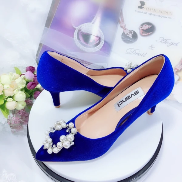 Chic / Beautiful Royal Blue Bridesmaid Pumps 2020 Suede Rhinestone Pearl 9 cm Stiletto Heels Pointed Toe Pumps