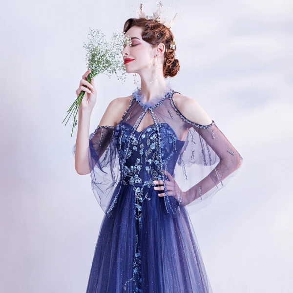 Charming Ocean Blue Prom Dresses 2021 A-Line / Princess Scoop Neck Beading Crystal Sequins Floor-Length / Long Short Sleeve Backless Prom Formal Dresses