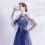 Charming Ocean Blue Prom Dresses 2021 A-Line / Princess Scoop Neck Beading Crystal Sequins Floor-Length / Long Short Sleeve Backless Prom Formal Dresses