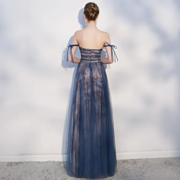 Elegant Navy Blue Evening Dresses 2018 A-Line / Princess Bow Backless Strapless Sleeveless Floor-Length / Long Formal Dresses