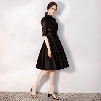 Charming Black Evening Dresses 2020 A Line Princess High Neck Sequins 1 2 Sleeves Knee Length Formal Dresses
