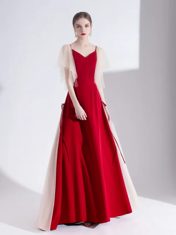 Elegant Burgundy Evening Dresses  2020 A-Line / Princess Satin V-Neck Short Sleeve Backless Floor-Length / Long Formal Dresses
