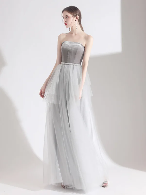 Elegant Grey Evening Dresses  2020 A-Line / Princess Suede Strapless Beading Sleeveless Backless Floor-Length / Long Formal Dresses