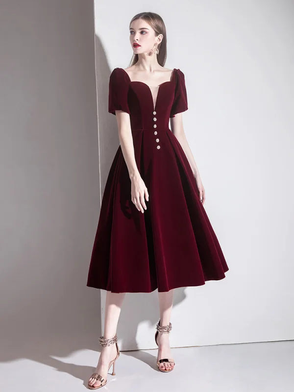 Elegant Burgundy Evening Dresses  2020 A-Line / Princess Suede Square Neckline Short Sleeve Backless Tea-length Formal Dresses