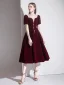 Elegant Burgundy Evening Dresses  2020 A-Line / Princess Suede Square Neckline Short Sleeve Backless Tea-length Formal Dresses