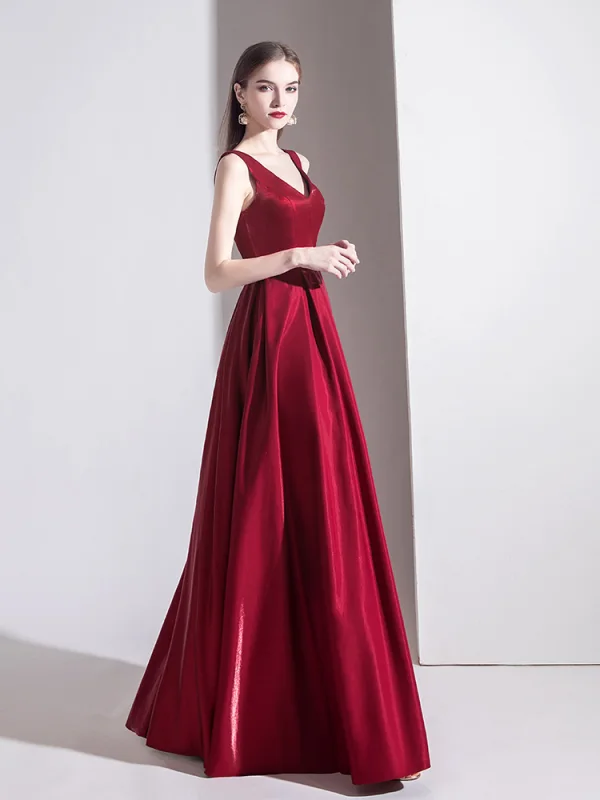 Elegant Burgundy Evening Dresses  2020 A-Line / Princess Satin V-Neck Sleeveless Backless Bow Floor-Length / Long Formal Dresses