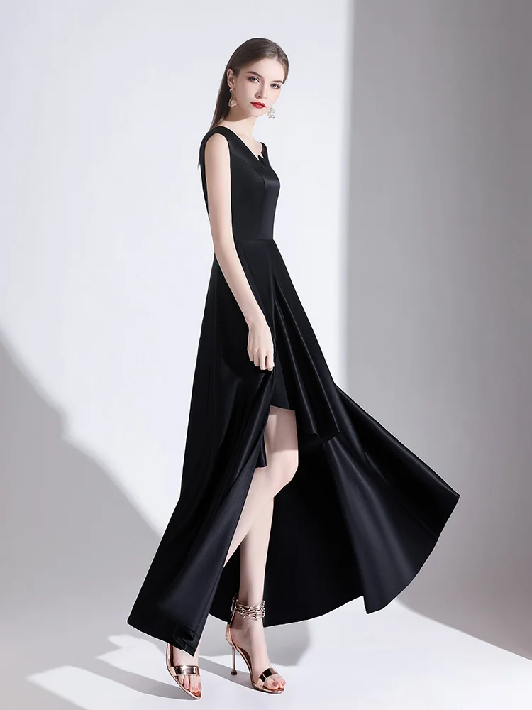 Amazing Unique Black Evening Dresses 2020 A Line Princess V Neck Sleeveless  Backless Asymmetrical Formal Dresses