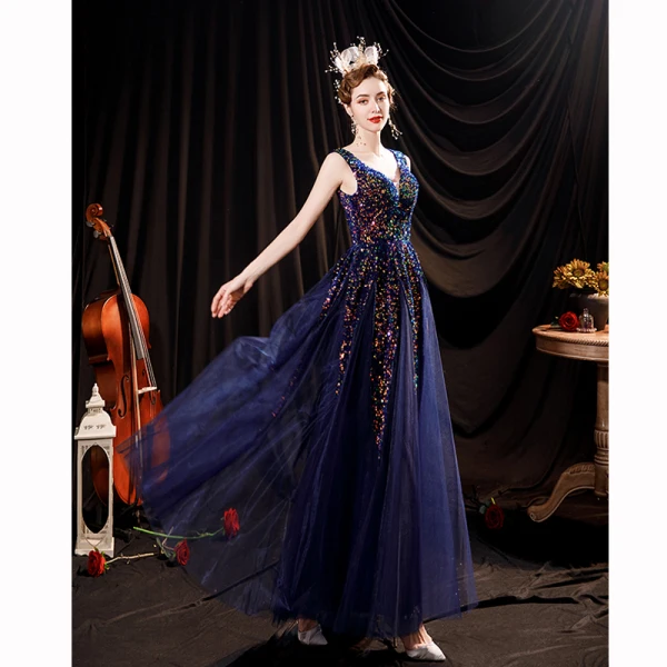 Scintillantes Bleu Marine Multi-Couleurs Paillettes Robe De Bal 2021 Princesse V-Cou Sans Manches Dos Nu Longue Robe De Ceremonie