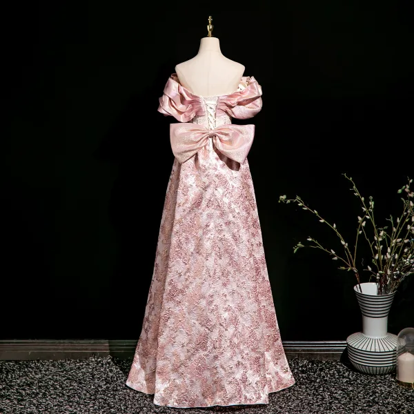 Lovely Blushing Pink Beading Pearl Sequins Printing Prom Dresses 2025 A-Line / Princess Off-The-Shoulder Short Sleeve Backless Bow Floor-Length / Long Prom Formal Dresses