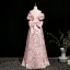 Lovely Blushing Pink Beading Pearl Sequins Printing Prom Dresses 2025 A-Line / Princess Off-The-Shoulder Short Sleeve Backless Bow Floor-Length / Long Prom Formal Dresses