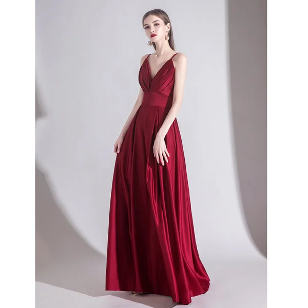 Élégant Couleur Unie Bordeaux Robe De Soirée 2020 Princesse Bretelles Spaghetti Sans Manches Dos Nu Longue Robe De Ceremonie