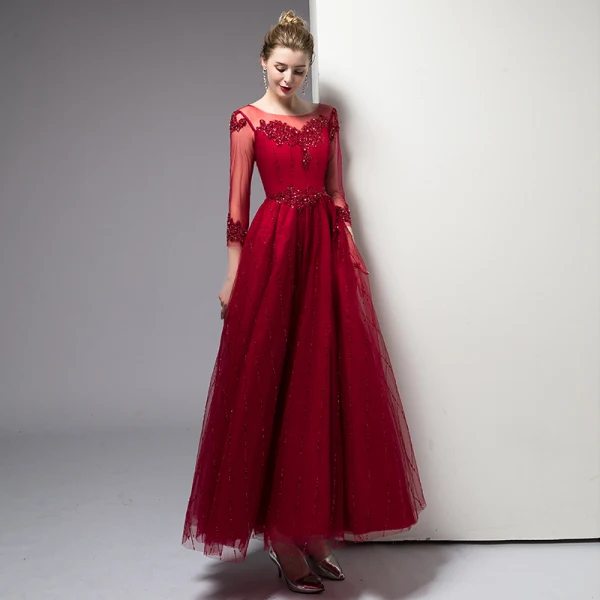 Classy Burgundy Evening Dresses 2020 A-Line / Princess Scoop Neck Beading Crystal Sequins 3/4 Sleeve Ankle Length Formal Dresses