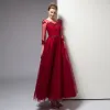 Classy Burgundy Evening Dresses  2020 A-Line / Princess Scoop Neck Beading Crystal Sequins 3/4 Sleeve Ankle Length Formal Dresses