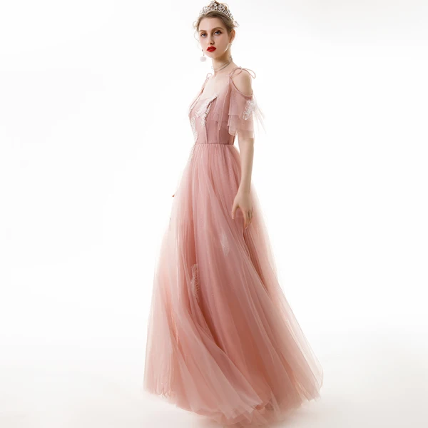 Chic / Belle Perle Rose Robe De Soirée 2020 Princesse Bretelles Spaghetti Appliques Paillettes En Dentelle Manches Courtes Dos Nu Longue Robe De Ceremonie
