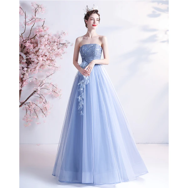 Modern / Fashion Sky Blue Lace Flower Prom Dresses Backless 2021 A-Line / Princess Strapless Sleeveless Floor-Length / Long Formal Dresses