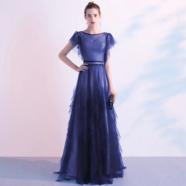 Elegant Ocean Blue Evening Dresses 2020 A-Line / Princess Scoop Neck Short Sleeve Floor-Length / Long Formal Dresses