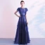 Elegant Ocean Blue Evening Dresses  2020 A-Line / Princess Scoop Neck Short Sleeve Floor-Length / Long Formal Dresses