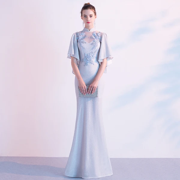 Elegant Silver Evening Dresses 2020 Trumpet / Mermaid High Neck Lace Flower Pearl Appliques 1/2 Sleeves Floor-Length / Long Formal Dresses