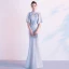 Elegant Silver Evening Dresses  2020 Trumpet / Mermaid High Neck Lace Flower Pearl Appliques 1/2 Sleeves Floor-Length / Long Formal Dresses