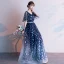 Fashion Navy Blue Evening Dresses  2020 A-Line / Princess V-Neck Feather Printing Short Sleeve Backless Floor-Length / Long Formal Dresses