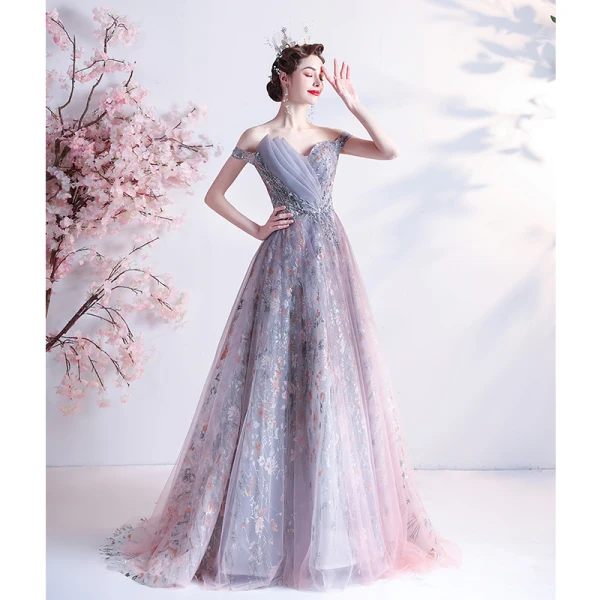 Fabulous Purple Prom Dresses 2021 A-Line / Princess Off-The-Shoulder Beading Rhinestone Sequins Lace Flower Sleeveless Backless Sweep Train Formal Dresses