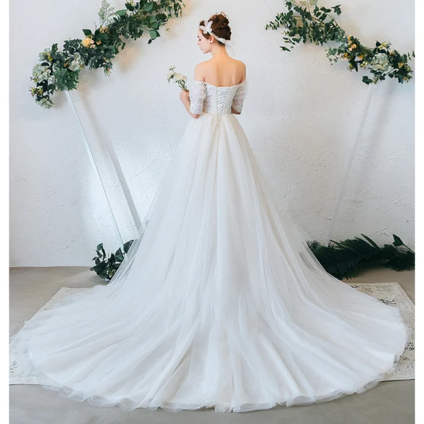 Charming Ivory Wedding Dresses 2020 A-Line / Princess Off-The-Shoulder Lace Flower Appliques Short Sleeve Backless Court Train