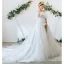 Charming Ivory Wedding Dresses 2020 A-Line / Princess Off-The-Shoulder Lace Flower Appliques Short Sleeve Backless Chapel Train