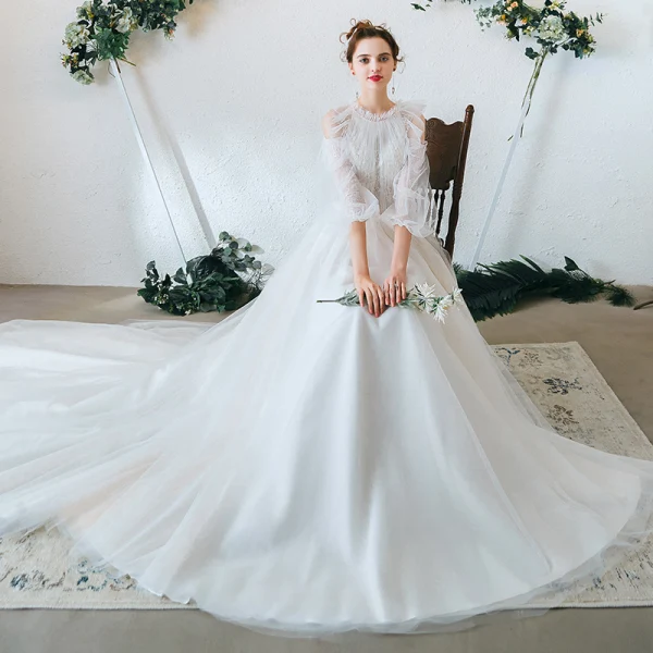 Élégant Ivoire Robe De Mariée 2020 Princesse Volants Encolure Dégagée En Dentelle Fleur 3/4 Manches Dos Nu Tribunal Train