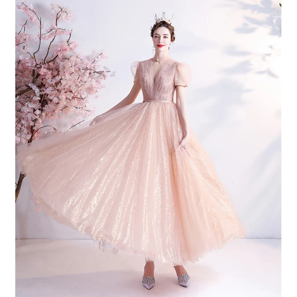 Fashion Blushing Pink Homecoming Graduation Dresses 2021 A-Line / Princess High Neck Beading Pearl Sequins Short Sleeve Backless Floor-Length / Long Formal Dresses