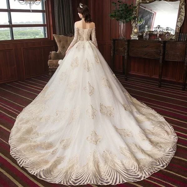 Charming Champagne Wedding Dresses 2020 A-Line / Princess Off-The-Shoulder Beading Sequins Lace Pearl 3/4 Sleeve Backless Cathedral Train