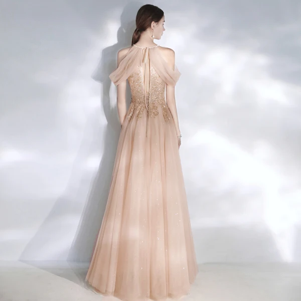 Chic / Beautiful Pearl Pink Evening Dresses 2020 A-Line / Princess Scoop Neck Beading Pearl Lace Flower Sequins Sleeveless Backless Floor-Length / Long Formal Dresses
