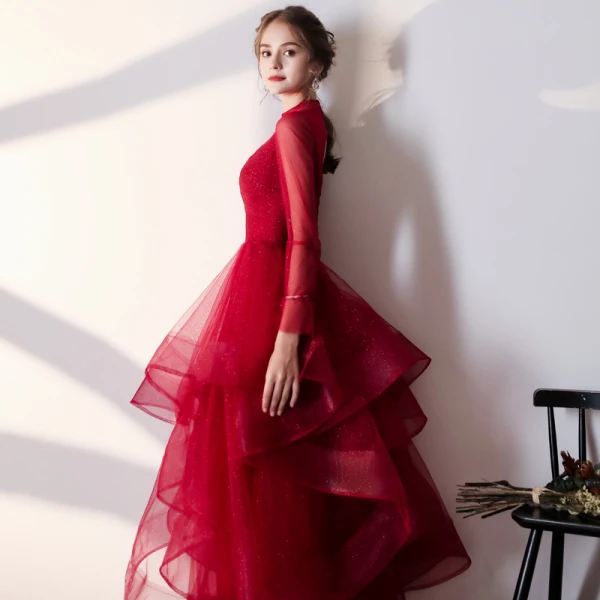 Vintage / Retro Muslim Burgundy Evening Dresses 2020 A-Line / Princess High Neck Sequins Long Sleeve Backless Cascading Ruffles Floor-Length / Long Formal Dresses