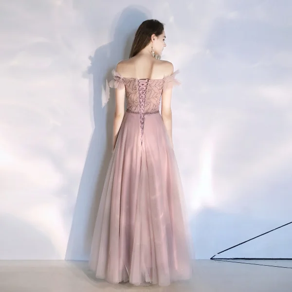 Classy Blushing Pink Evening Dresses  2020 A-Line / Princess Off-The-Shoulder Beading Crystal Pearl Sleeveless Backless Floor-Length / Long Formal Dresses