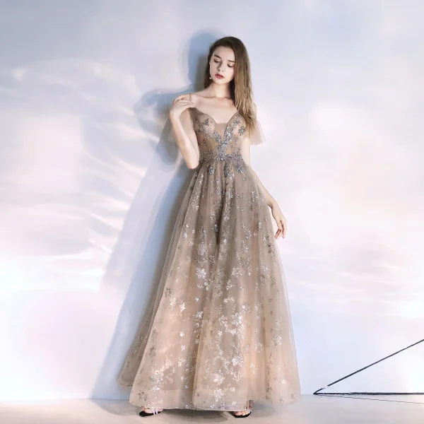 Fashion Khaki Evening Dresses  2020 A-Line / Princess Spaghetti Straps Beading Crystal Lace Sequins Short Sleeve Backless Floor-Length / Long Formal Dresses