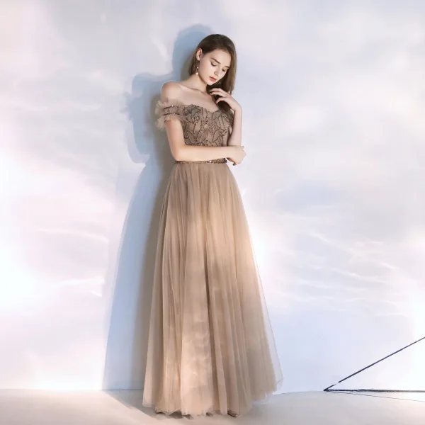 Classy Champagne Evening Dresses 2020 A-Line / Princess Off-The-Shoulder Beading Crystal Sleeveless Backless Floor-Length / Long Formal Dresses