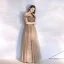 Classy Champagne Evening Dresses  2020 A-Line / Princess Off-The-Shoulder Beading Crystal Sleeveless Backless Floor-Length / Long Formal Dresses
