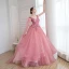 Chic / Beautiful Pearl Pink Cascading Ruffles Formal Dresses 2018 Ball Gown Lace Appliques Pearl V-Neck Sleeveless Watteau Train Backless Floor-Length / Long Prom Dresses
