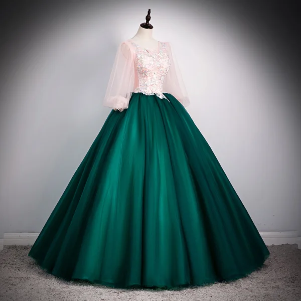 Elegant Dark Green Prom Dresses 2020 Ball Gown Scoop Neck Beading Rhinestone Appliques Lace Flower 3/4 Sleeve Backless Floor-Length / Long Formal Dresses